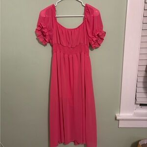 Elegant Pink Midi Dress with Ruffled Sleeves